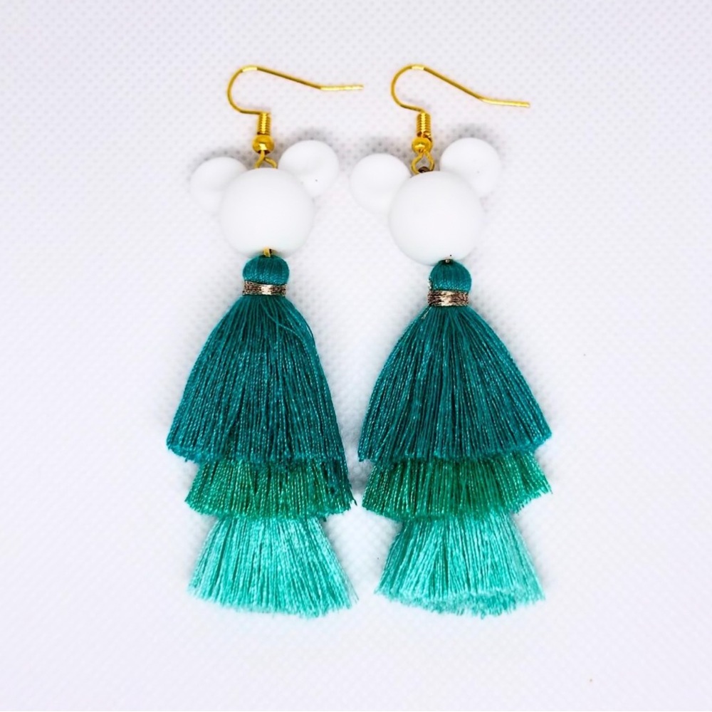 Handmade Teal green Mickey tassel earrings!!